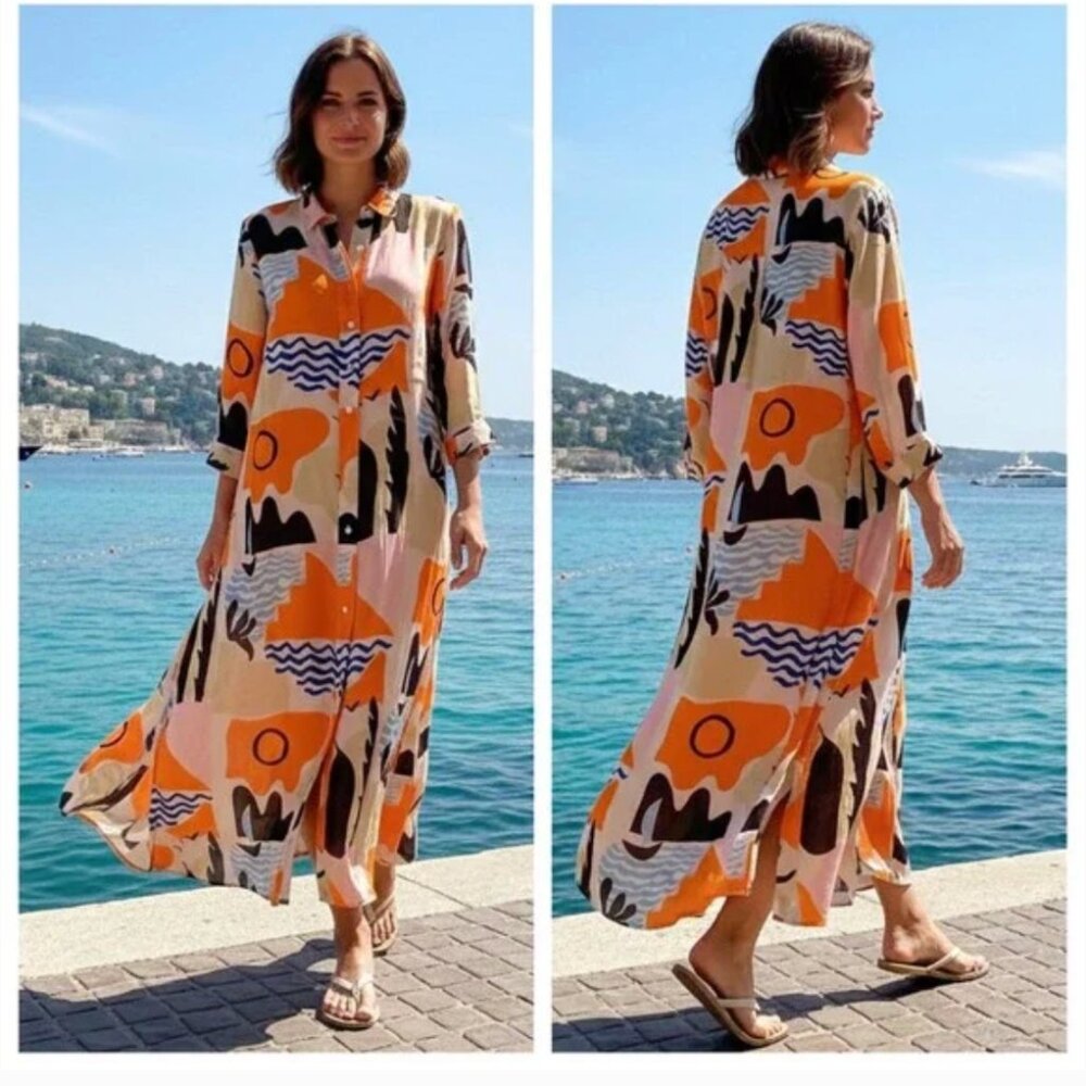 NWT Oliphant Bahara Shirt Dress Long Silk Cotton Riviera Orange Resortwear XS